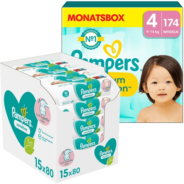 Pampers® Pampers Premium Protection, Gr. 4, 9-14kg, Monatsbox (1x 174 Windeln) Und Pampers Sensitive Feuchttücher 1200 Tücher (15 X 80 Stk) 3 Pampers® Pampers Premium Protection, Gr. 4, 9-14kg, Monatsbox (1x 174 Windeln) Und Pampers Sensitive Feuchttücher 1200 Tücher (15 X 80 Stk)