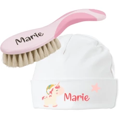 Schnullireich Geschenkset Mit Namen NUK Baby Bürste Mit Namen + Baby Mütze Einhorn Rosa